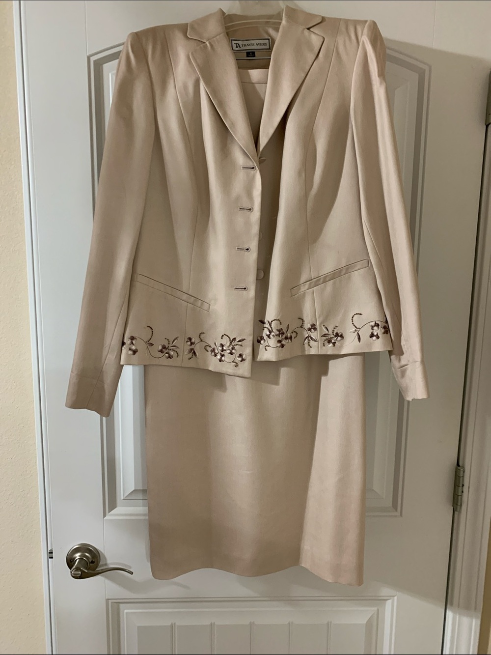 Preston & York Alfani Beige Embroidered Pencil Skirt Suit